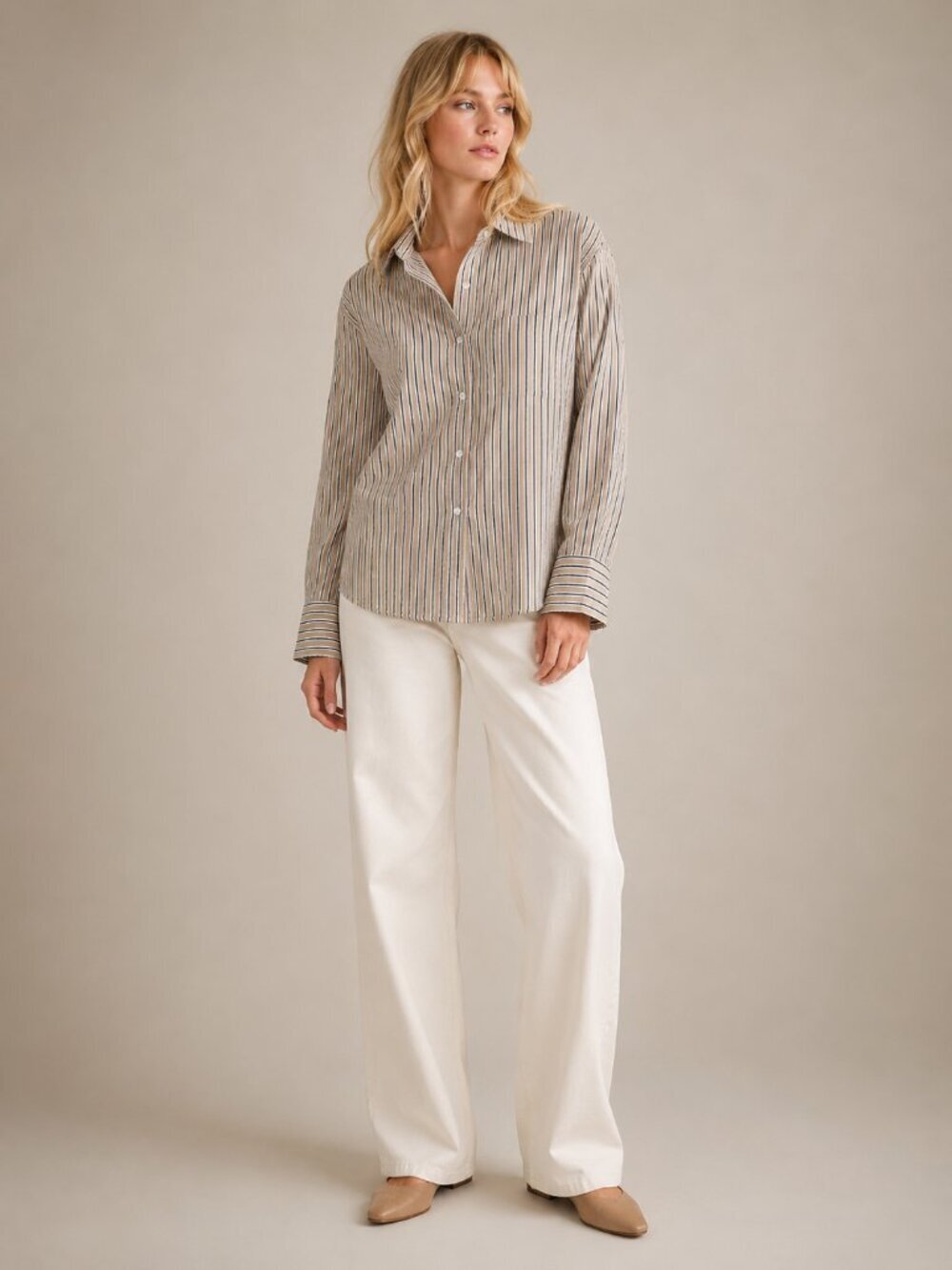 Banana Republic Striped Crop Cotton Button-Down Shirt Tan Small Tall #A2427